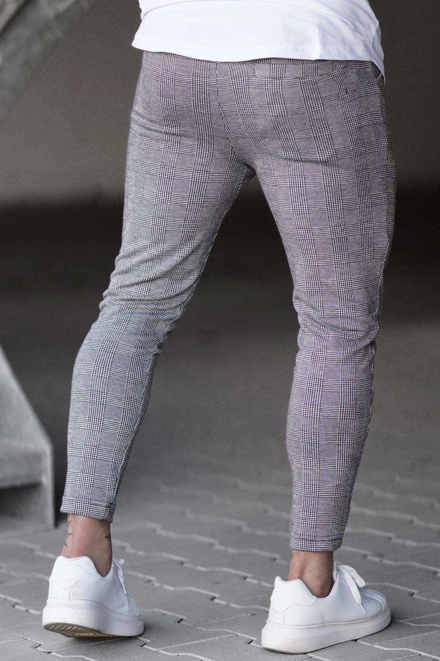 Slim Fit Stretch Check Print Pants Drawstring Gray 2