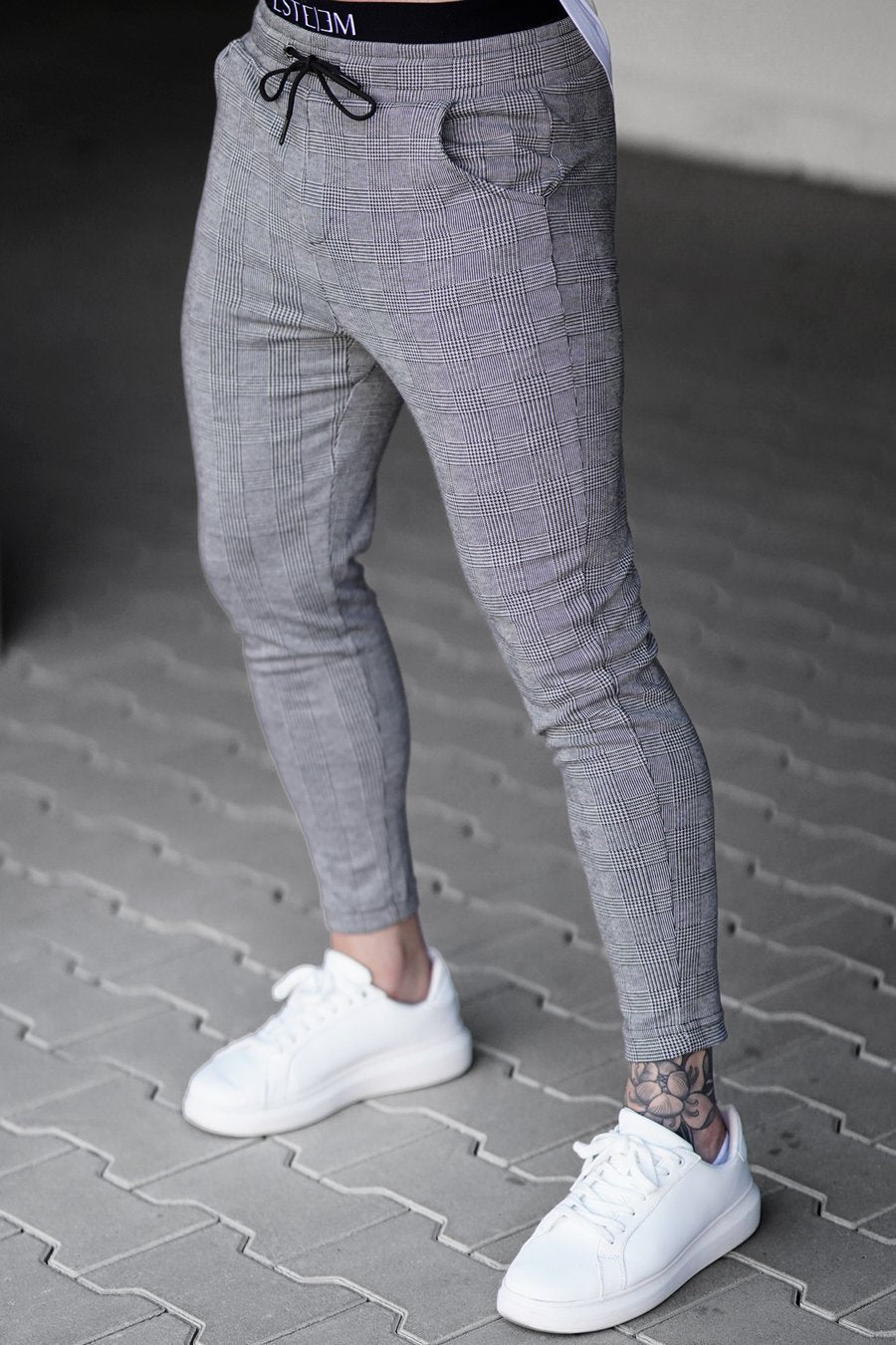Slim Fit Stretch Check Print Pants Drawstring Gray 3