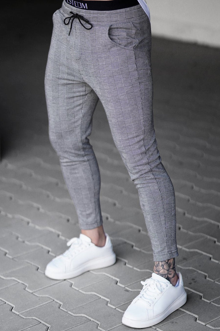 Slim Fit Stretch Check Print Pants Drawstring Gray 3