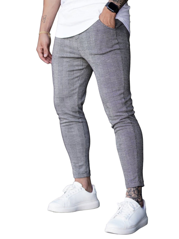 Slim Fit Stretch Check Print Pants Drawstring on white