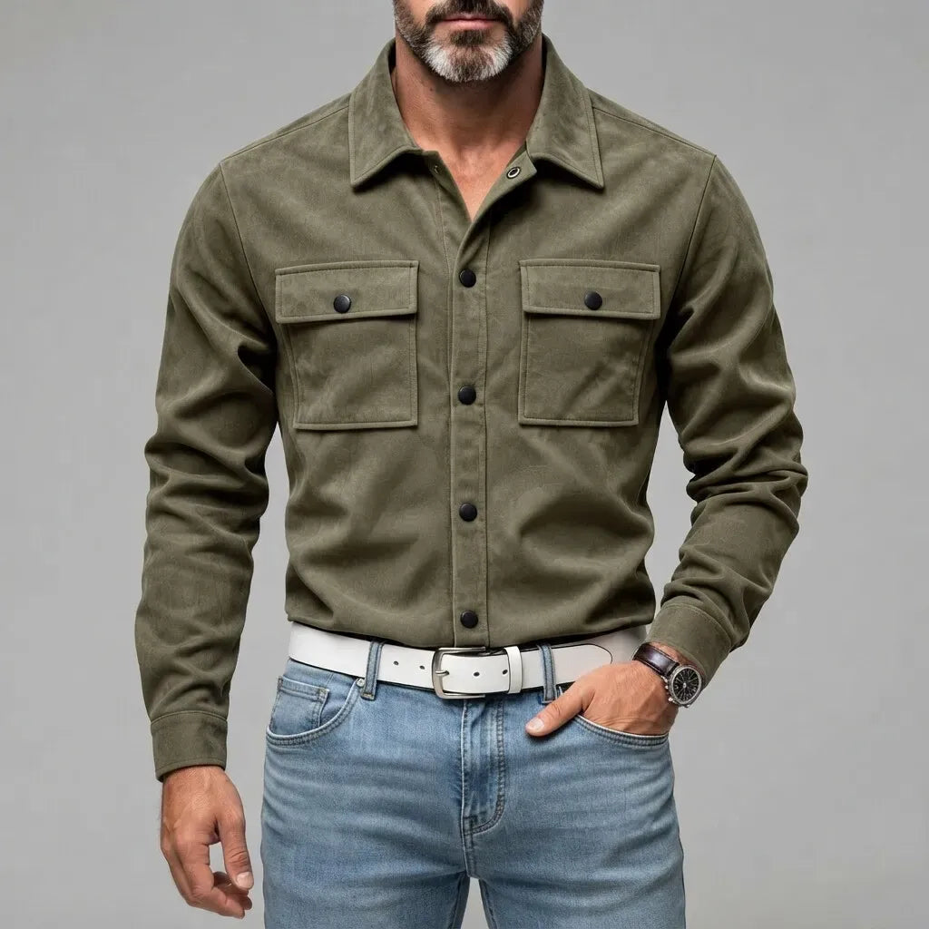 Slim Fit Suede Look Two Pocket Snap Button Shirt Army Green 1