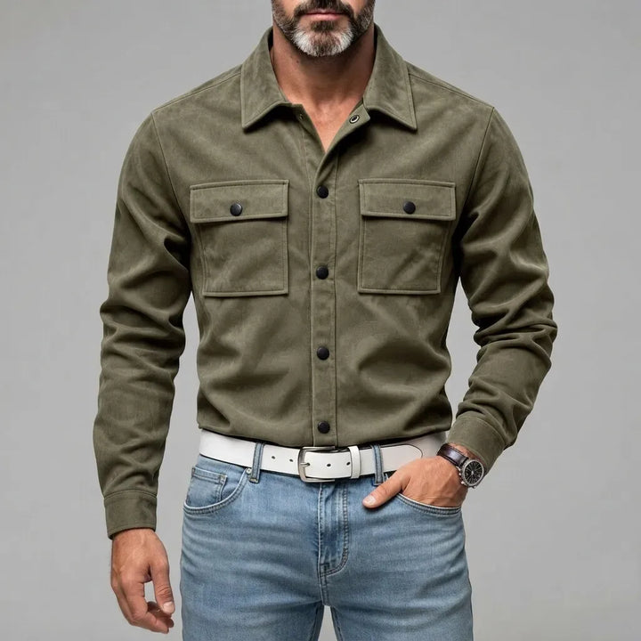 Slim Fit Suede Look Two Pocket Snap Button Shirt Army Green 1