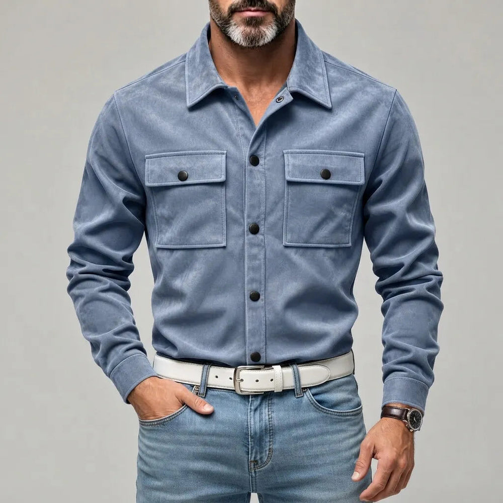 Slim Fit Suede Look Two Pocket Snap Button Shirt Light Blue 1