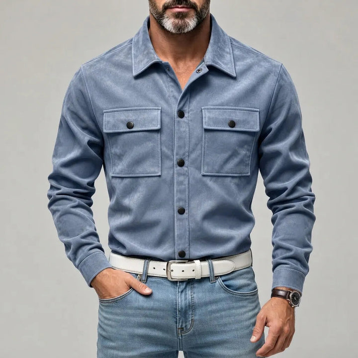Slim Fit Suede Look Two Pocket Snap Button Shirt Light Blue 1