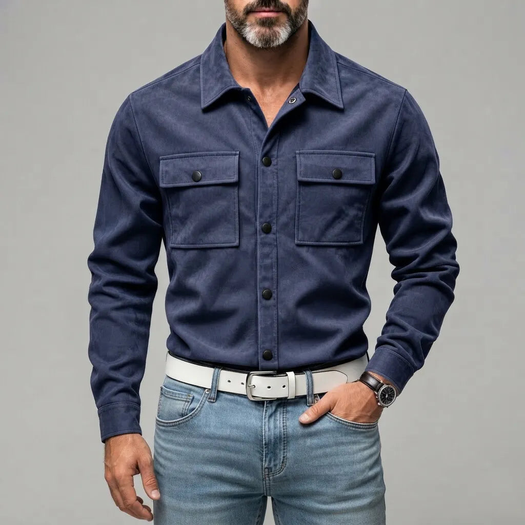 Slim Fit Suede Look Two Pocket Snap Button Shirt Navy Blue 1