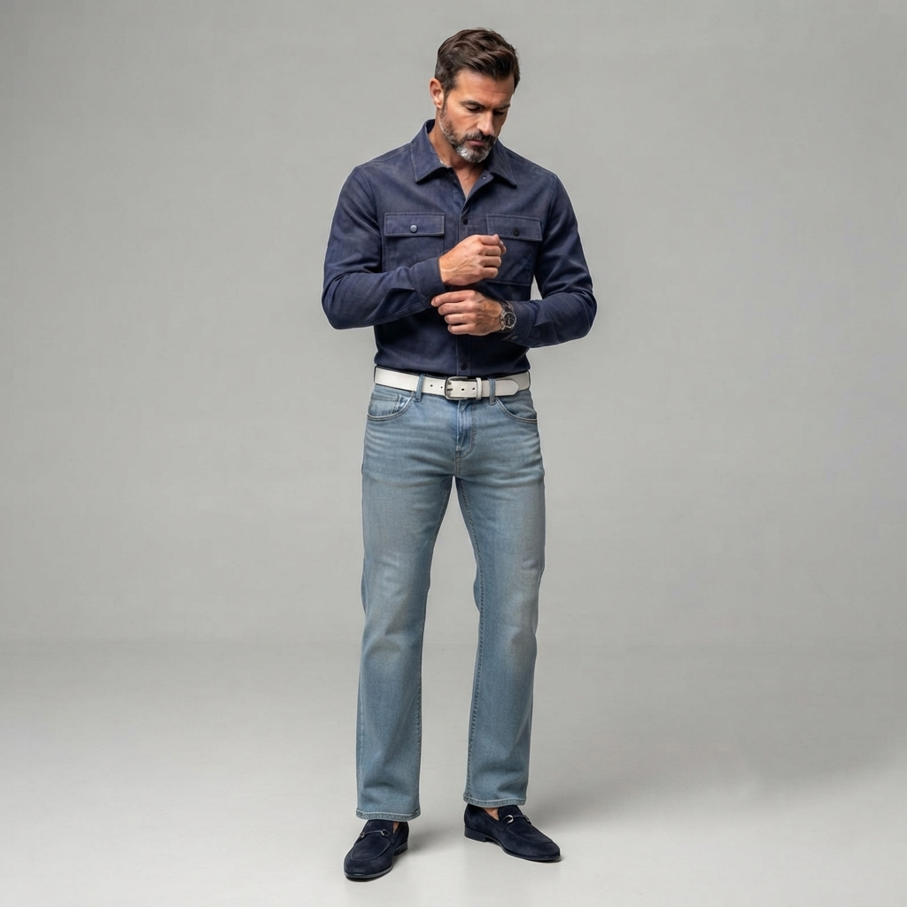 Slim Fit Suede Look Two Pocket Snap Button Shirt Navy Blue 2