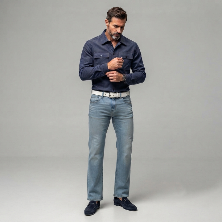 Slim Fit Suede Look Two Pocket Snap Button Shirt Navy Blue 2
