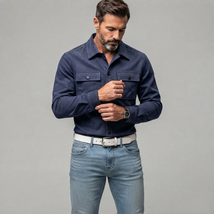 Slim Fit Suede Look Two Pocket Snap Button Shirt Navy Blue 3