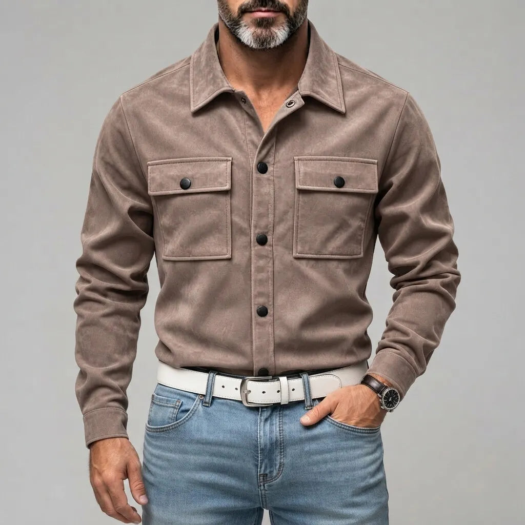 Slim Fit Suede Look Two Pocket Snap Button Shirt Taupe 1