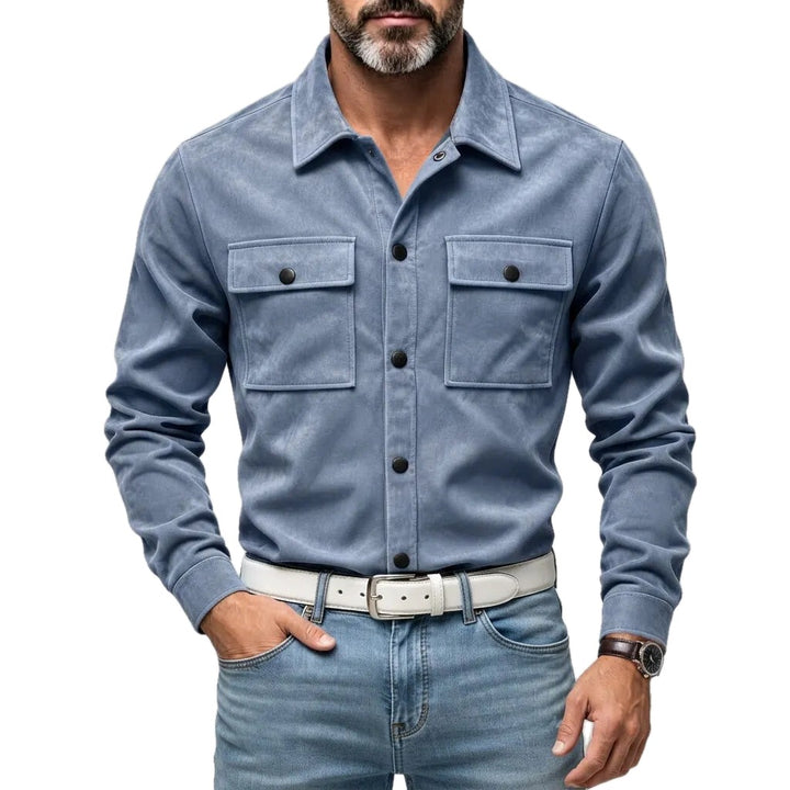 Slim Fit Suede Look Two Pocket Snap Button Shirt on white