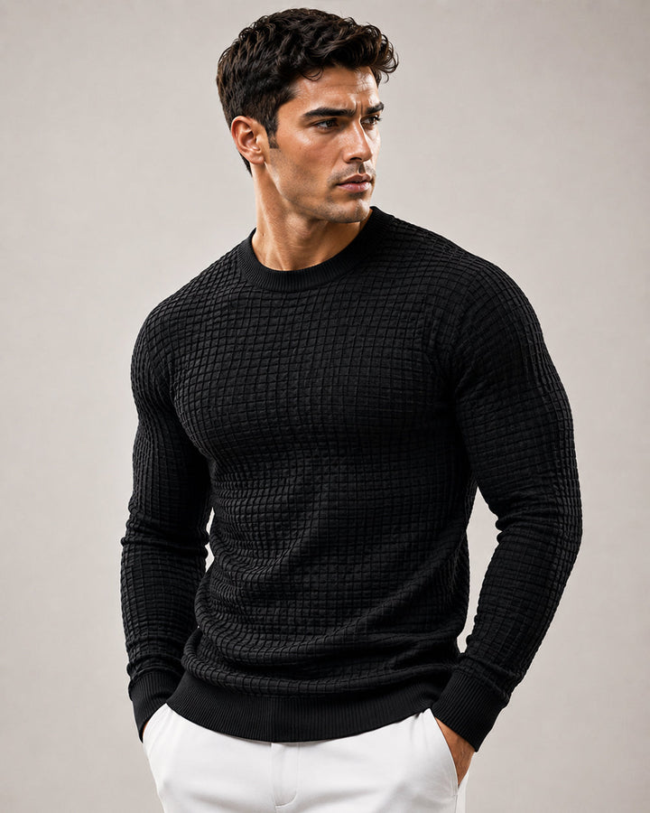 Slim Fit Waffle Knit Crew Neck Long Sleeve Tee Black 2