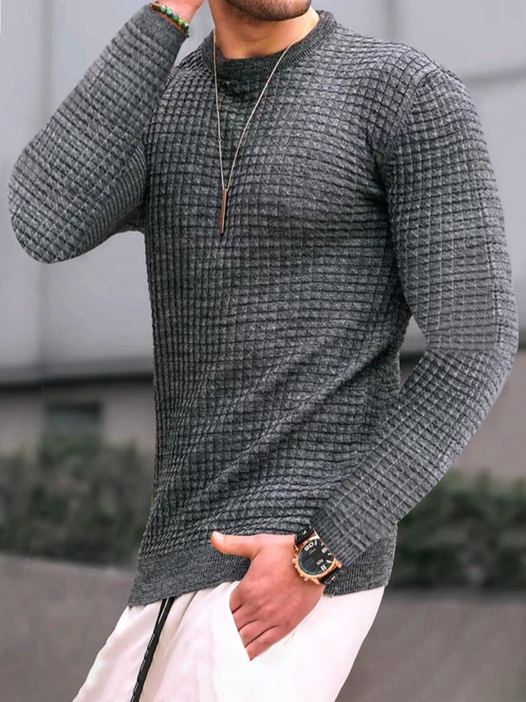 Slim Fit Waffle Knit Crew Neck Long Sleeve Tee Charcoal 1