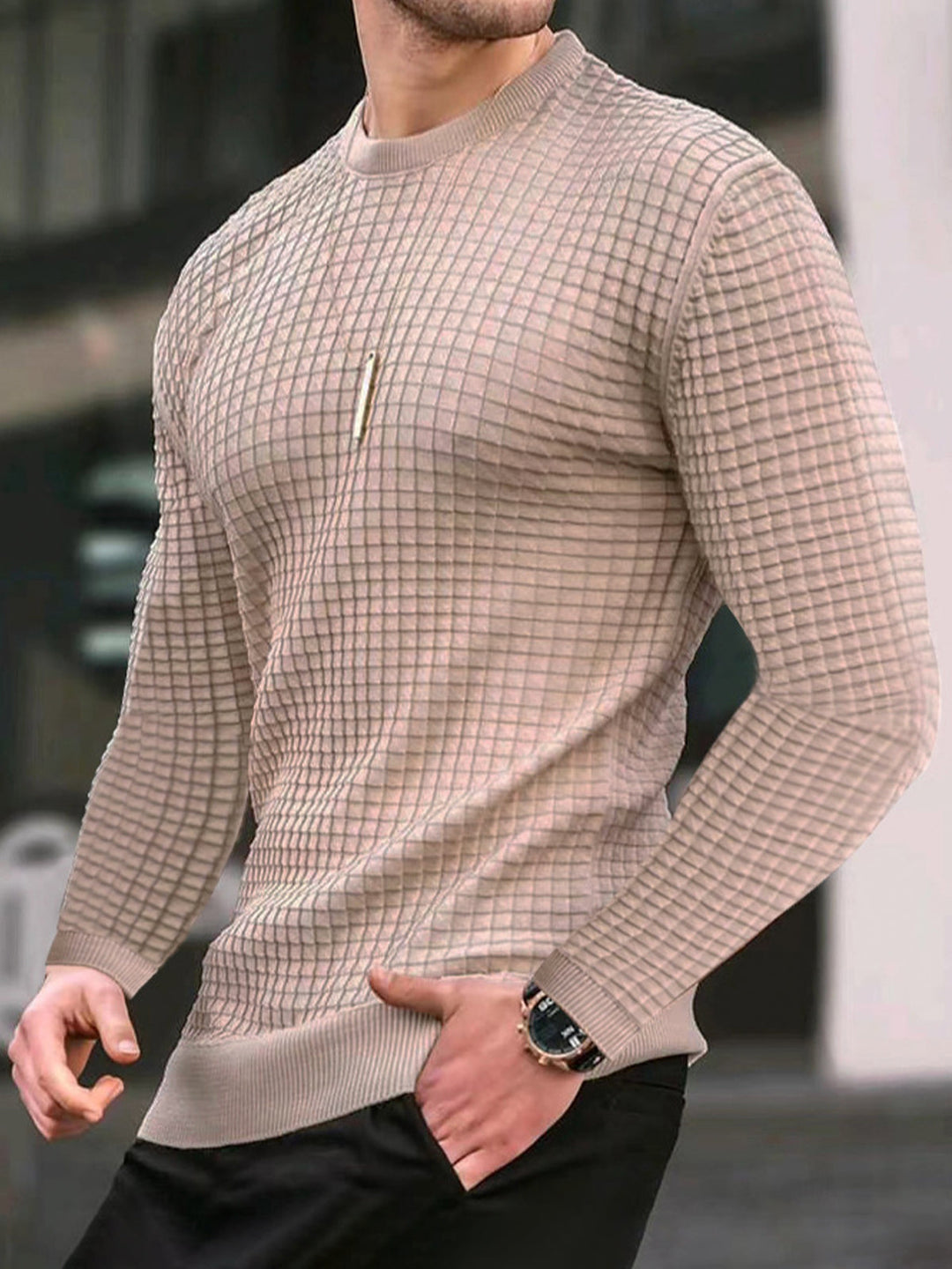 Slim Fit Waffle Knit Crew Neck Long Sleeve Tee Khaki 1