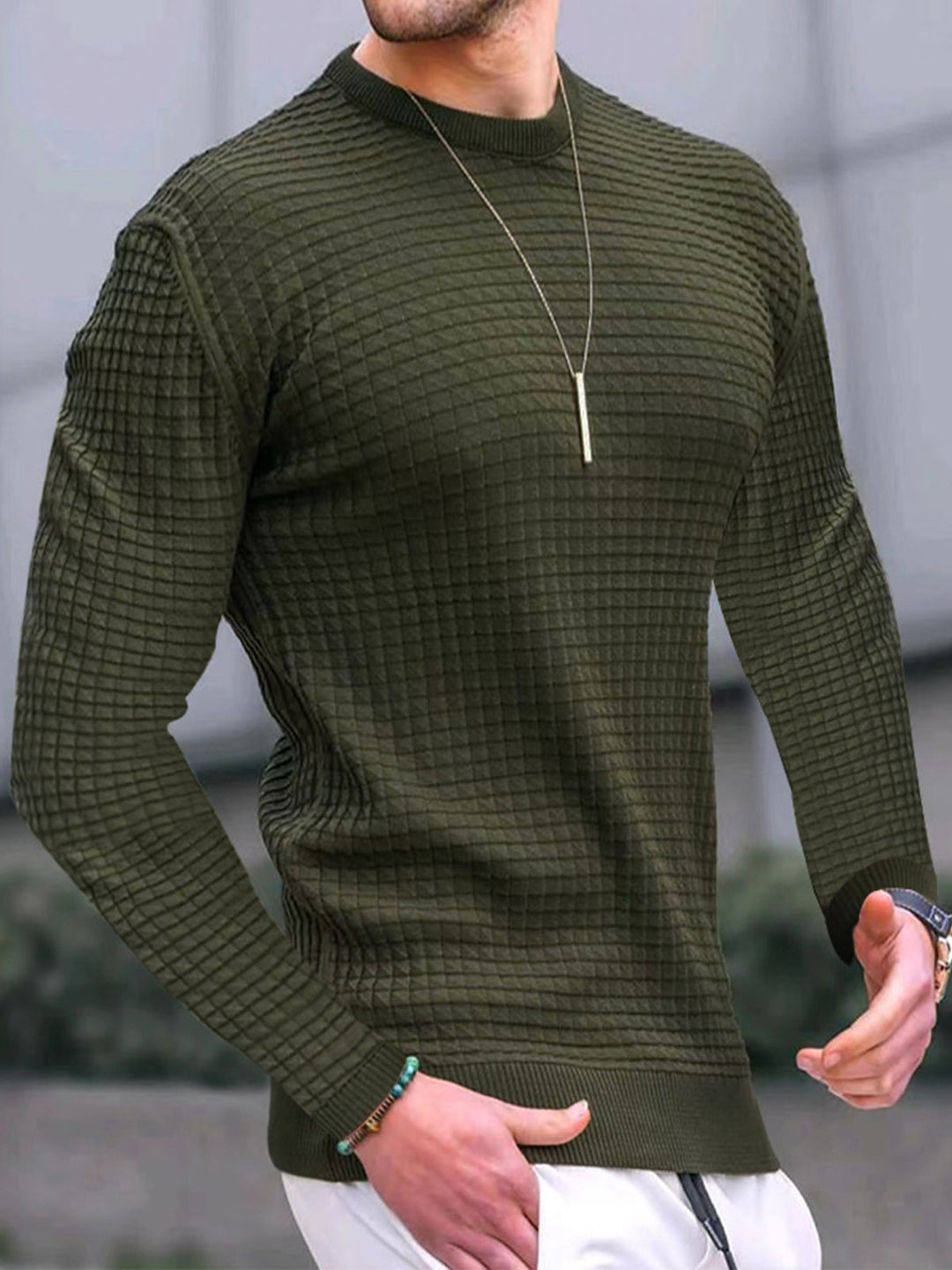 Slim Fit Waffle Knit Crew Neck Long Sleeve Tee Olive 1