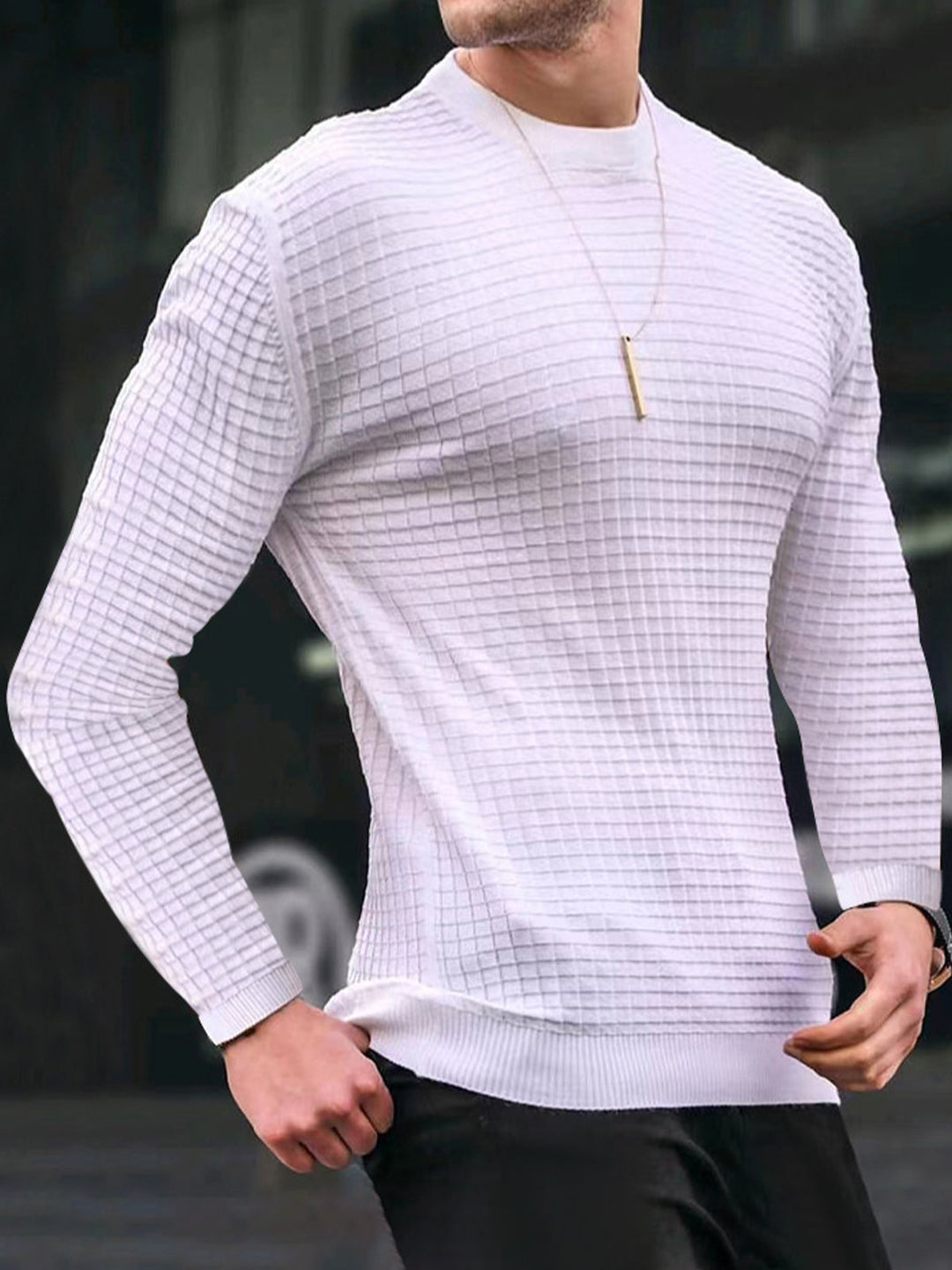 Slim Fit Waffle Knit Crew Neck Long Sleeve Tee White 1