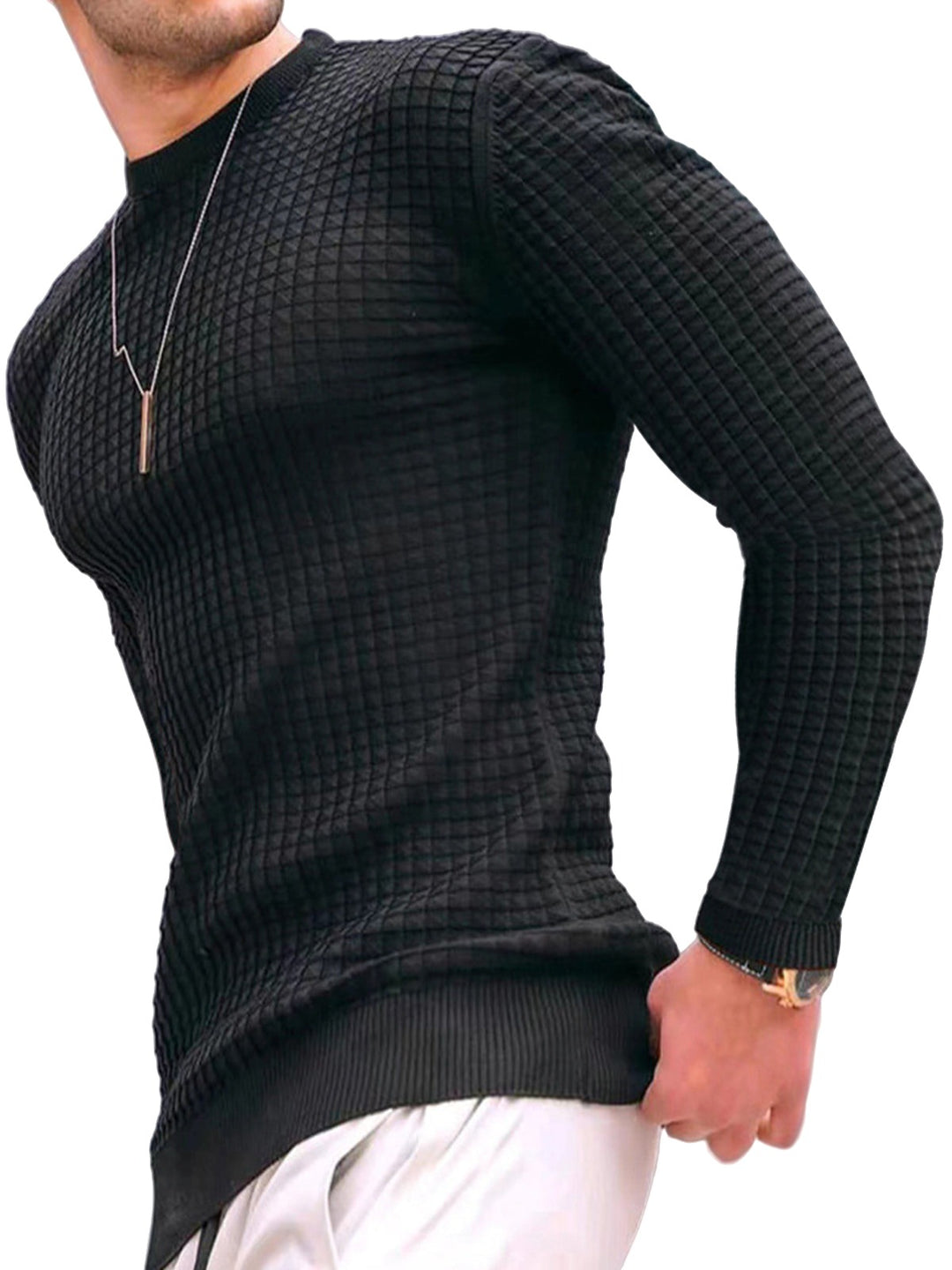Slim Fit Waffle Knit Crew Neck Long Sleeve Tee on white