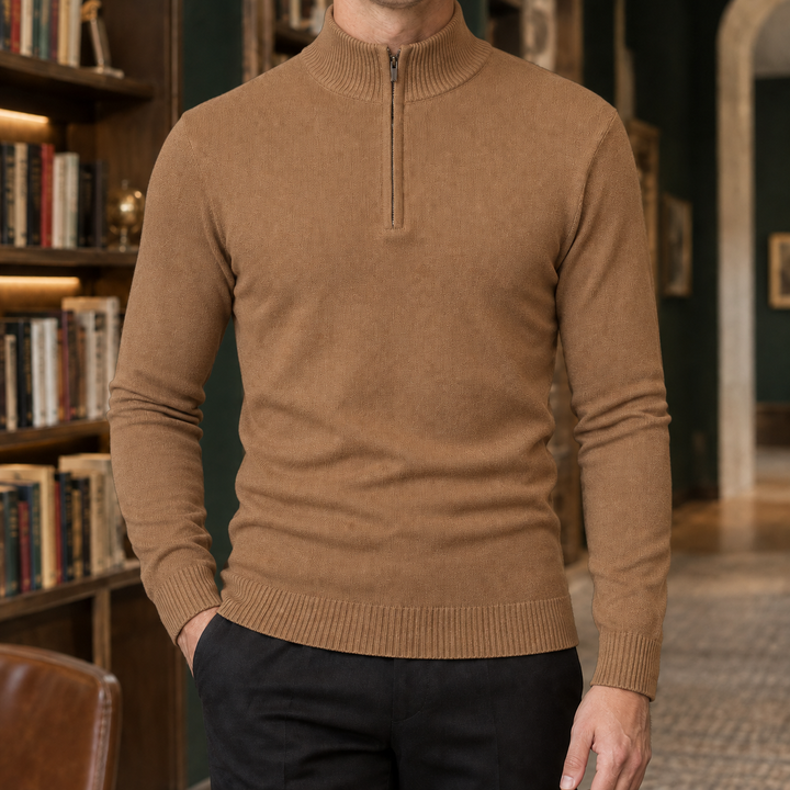 Slim Knit Half Zip Sweater Stand Collar Set of 3 Caramel 1