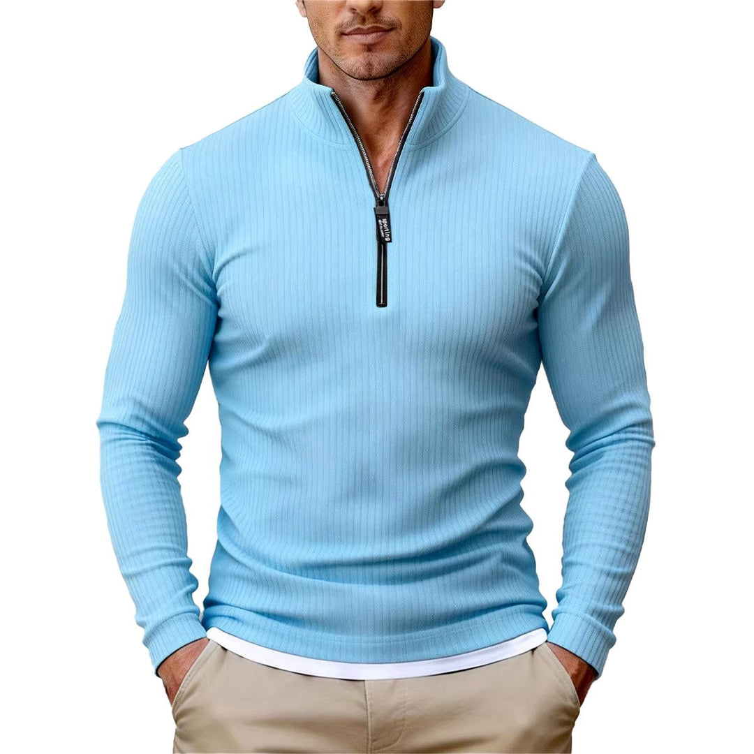 Slim Ribbed Knit Half Zip Sweater Light Blue 1