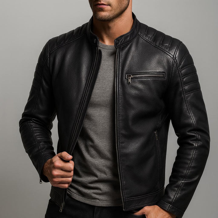 Slim Stand Collar Leather Look Moto Jacket Black 1