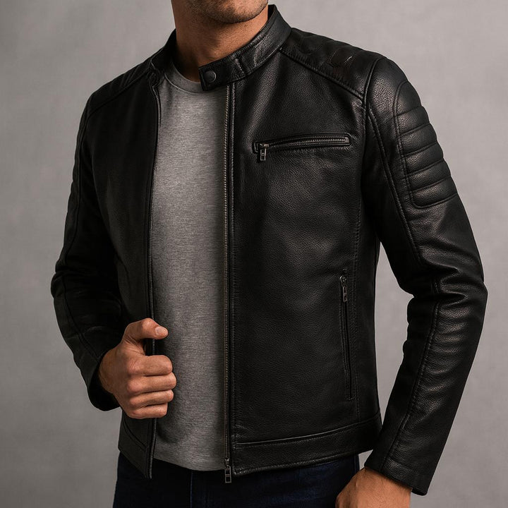Slim Stand Collar Leather Look Moto Jacket Black 2