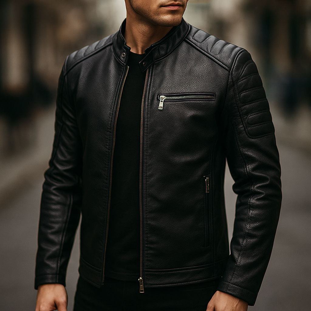 Slim Stand Collar Leather Look Moto Jacket Black 4