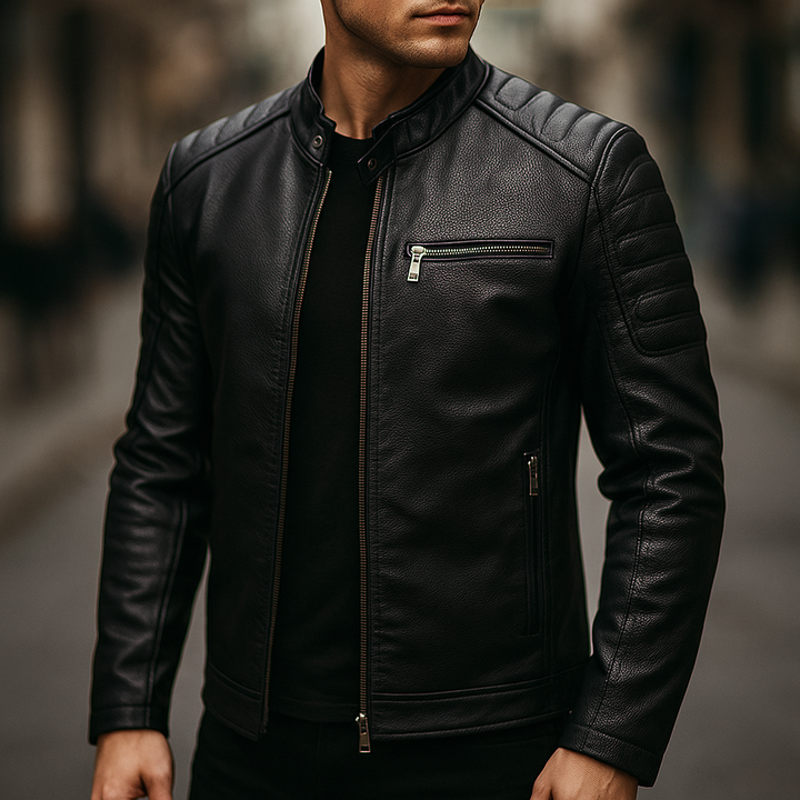 Slim Stand Collar Leather Look Moto Jacket Black 4