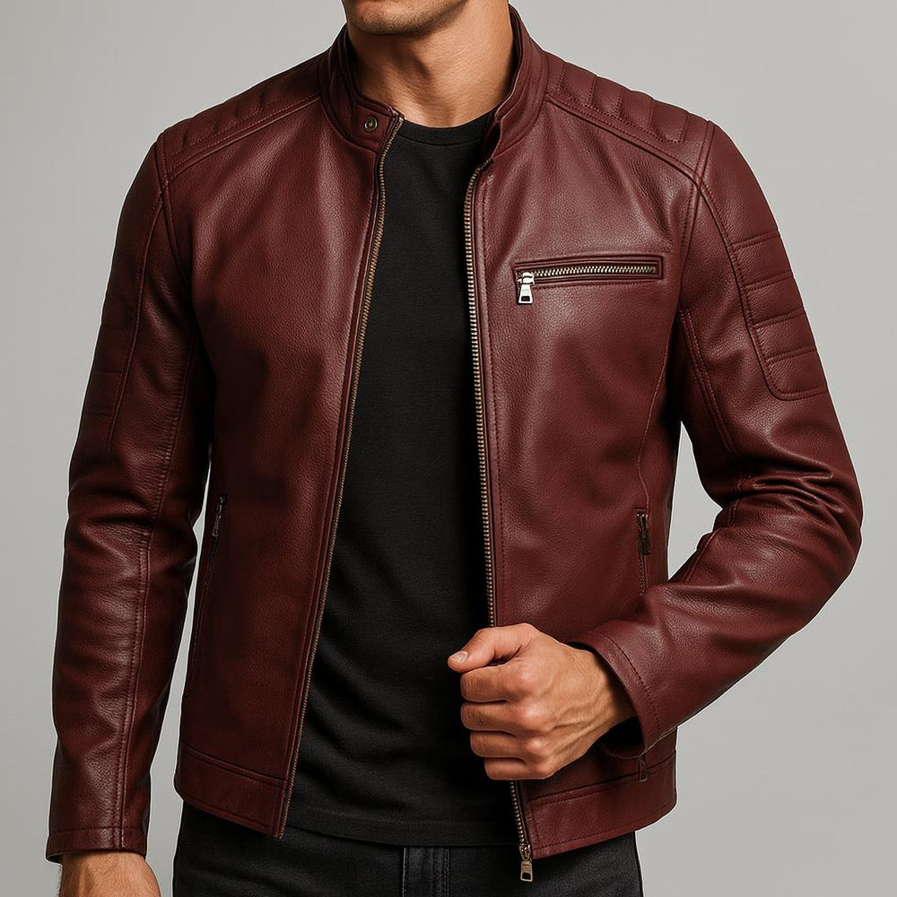 Slim Stand Collar Leather Look Moto Jacket Claret 1