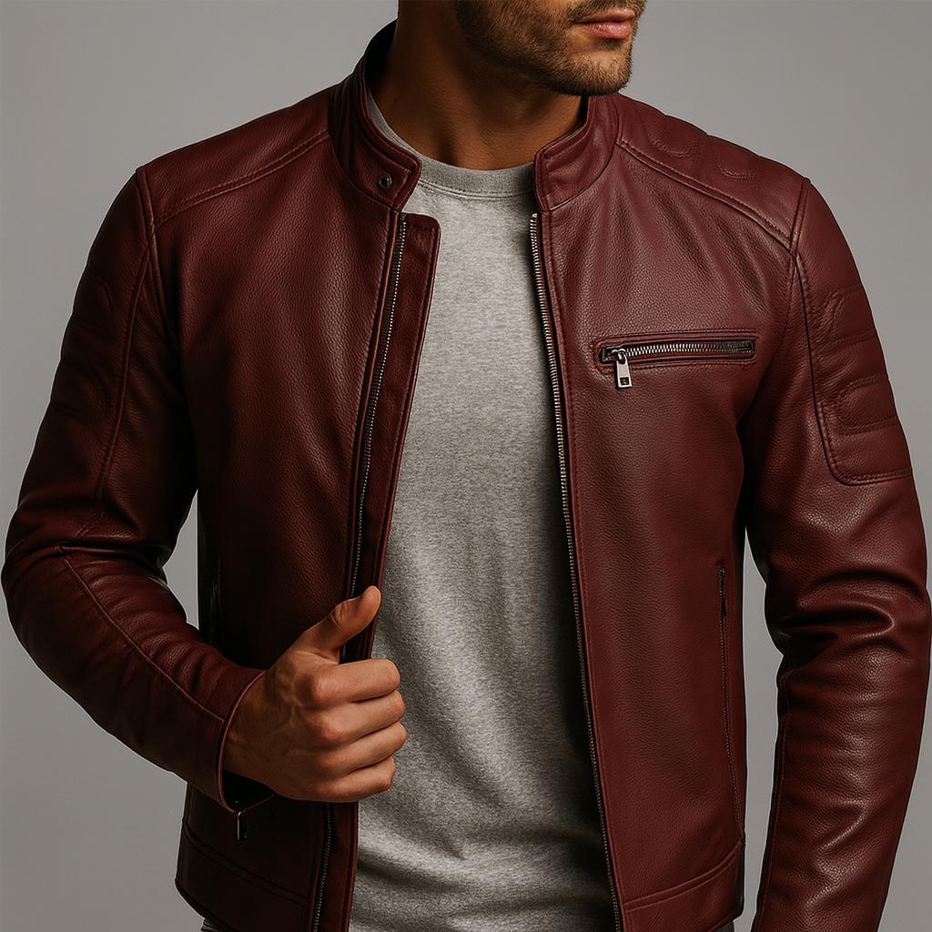 Slim Stand Collar Leather Look Moto Jacket Claret 2