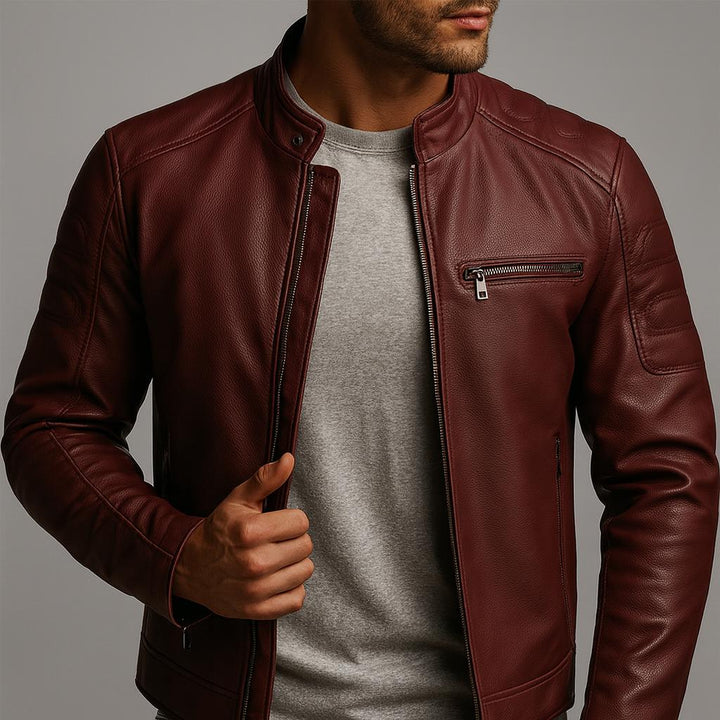 Slim Stand Collar Leather Look Moto Jacket Claret 2