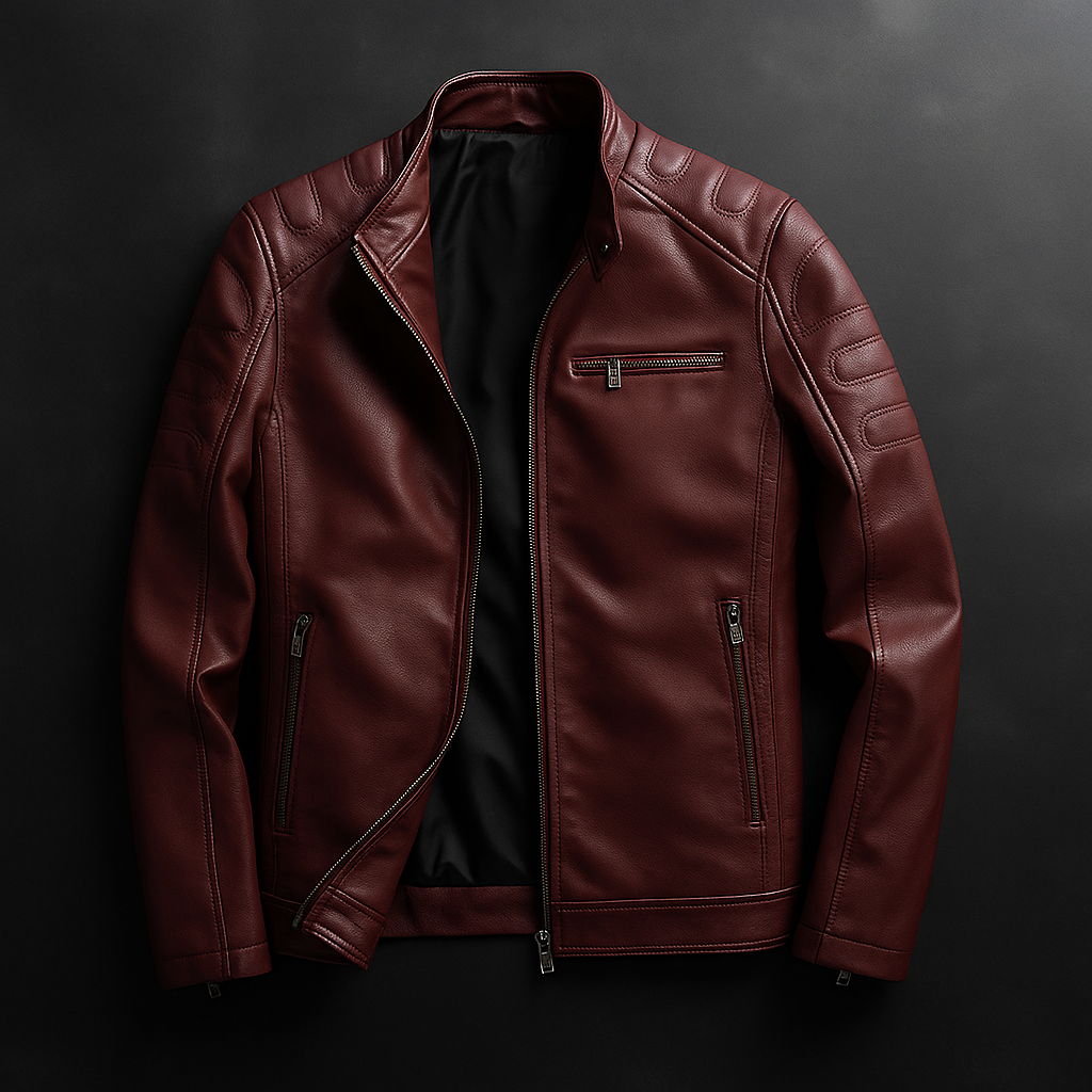 Slim Stand Collar Leather Look Moto Jacket Claret 3