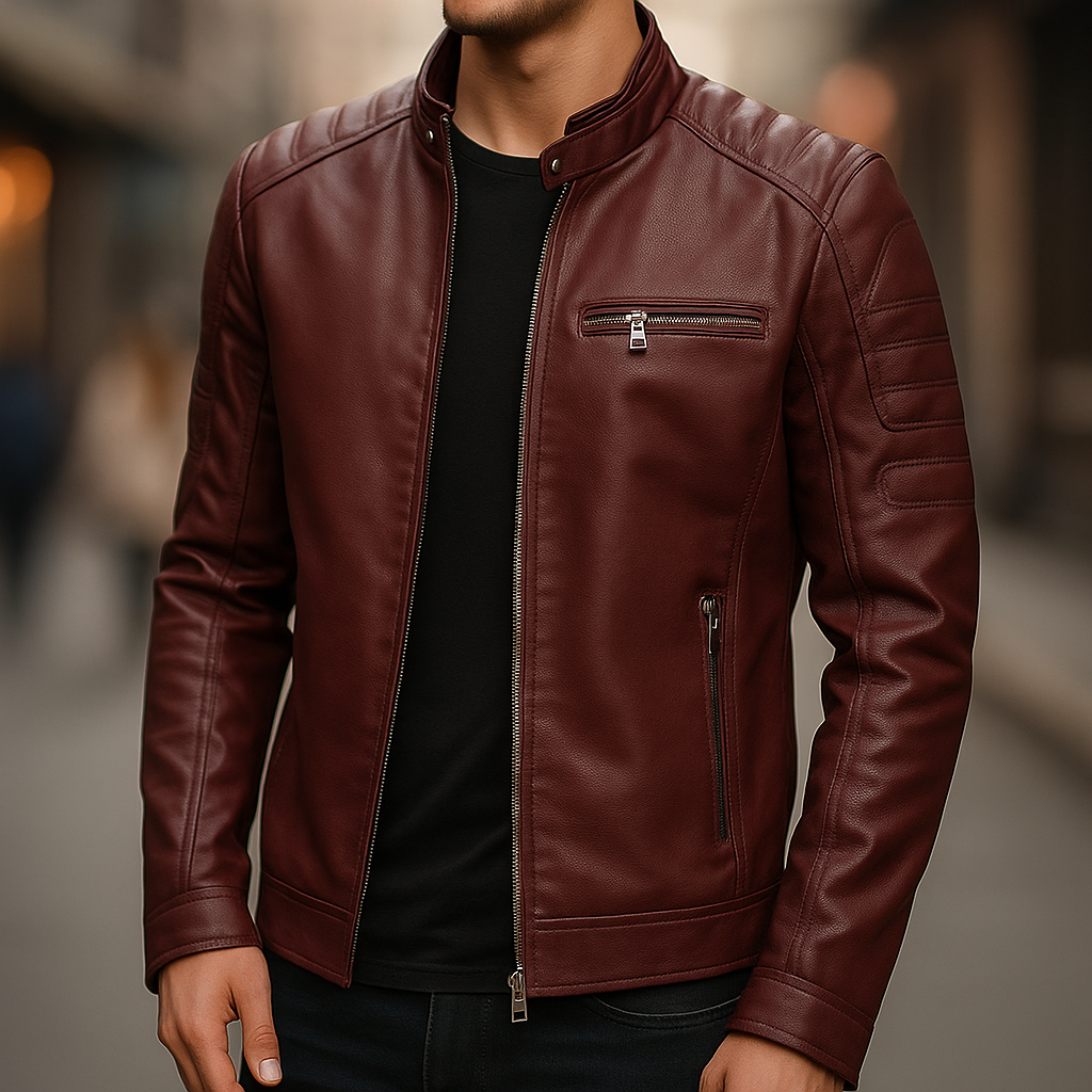 Slim Stand Collar Leather Look Moto Jacket Claret 4