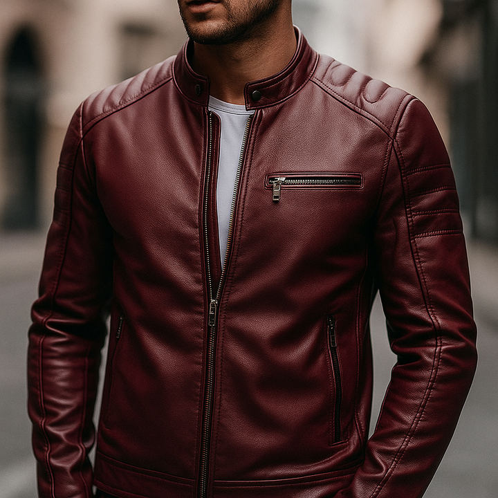 Slim Stand Collar Leather Look Moto Jacket Claret 5