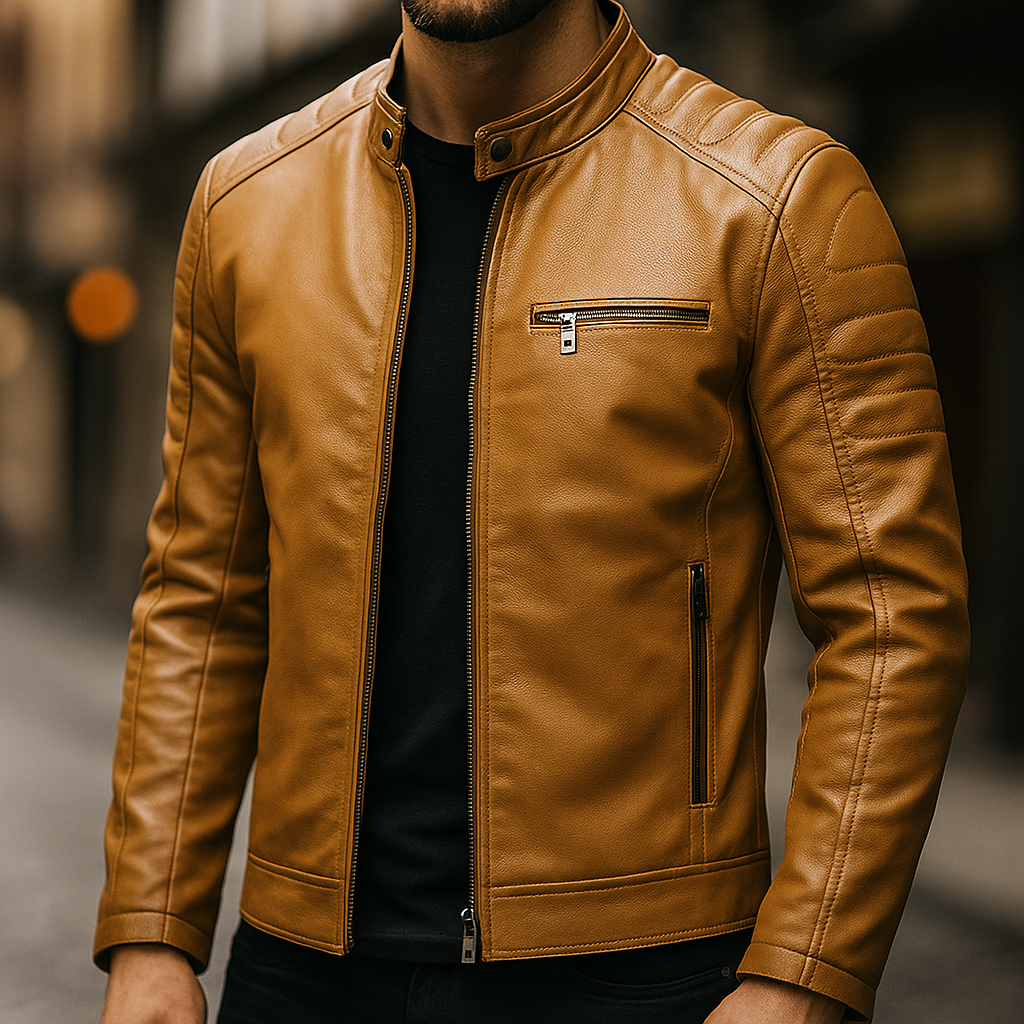 Slim Stand Collar Leather Look Moto Jacket Tan 1