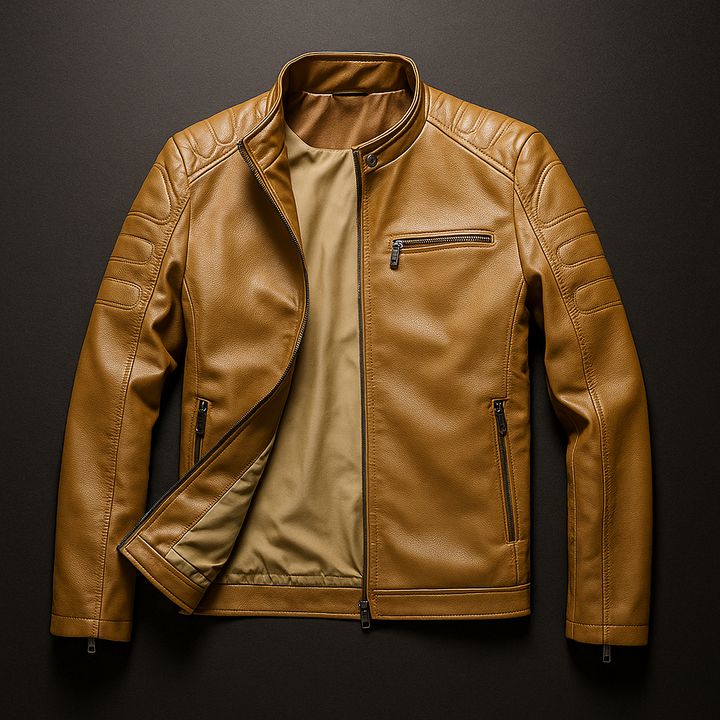 Slim Stand Collar Leather Look Moto Jacket Tan 2