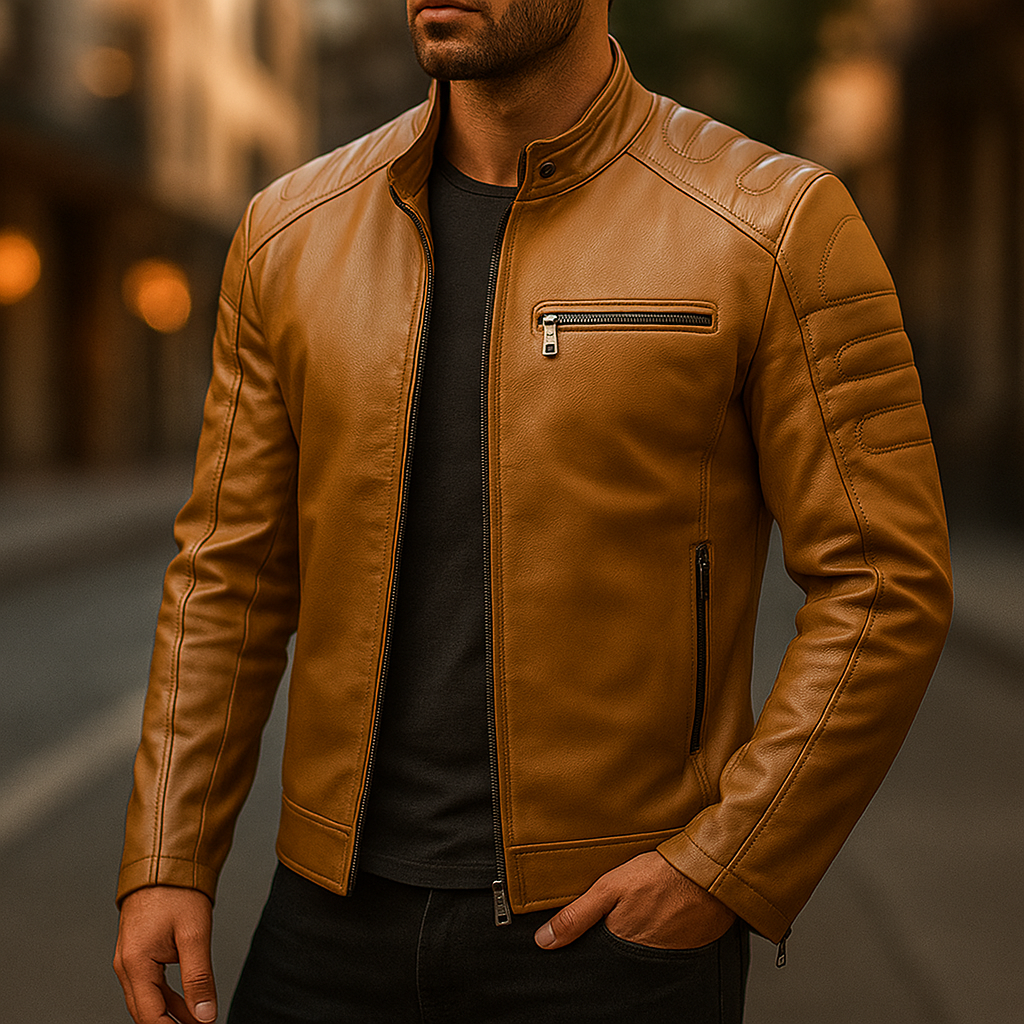Slim Stand Collar Leather Look Moto Jacket Tan 3