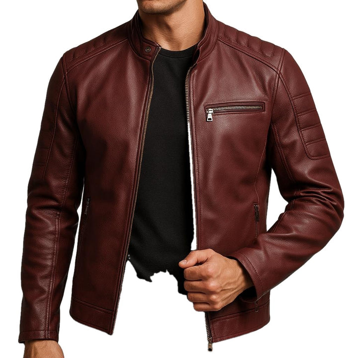 Slim Stand Collar Leather Look Moto Jacket on white