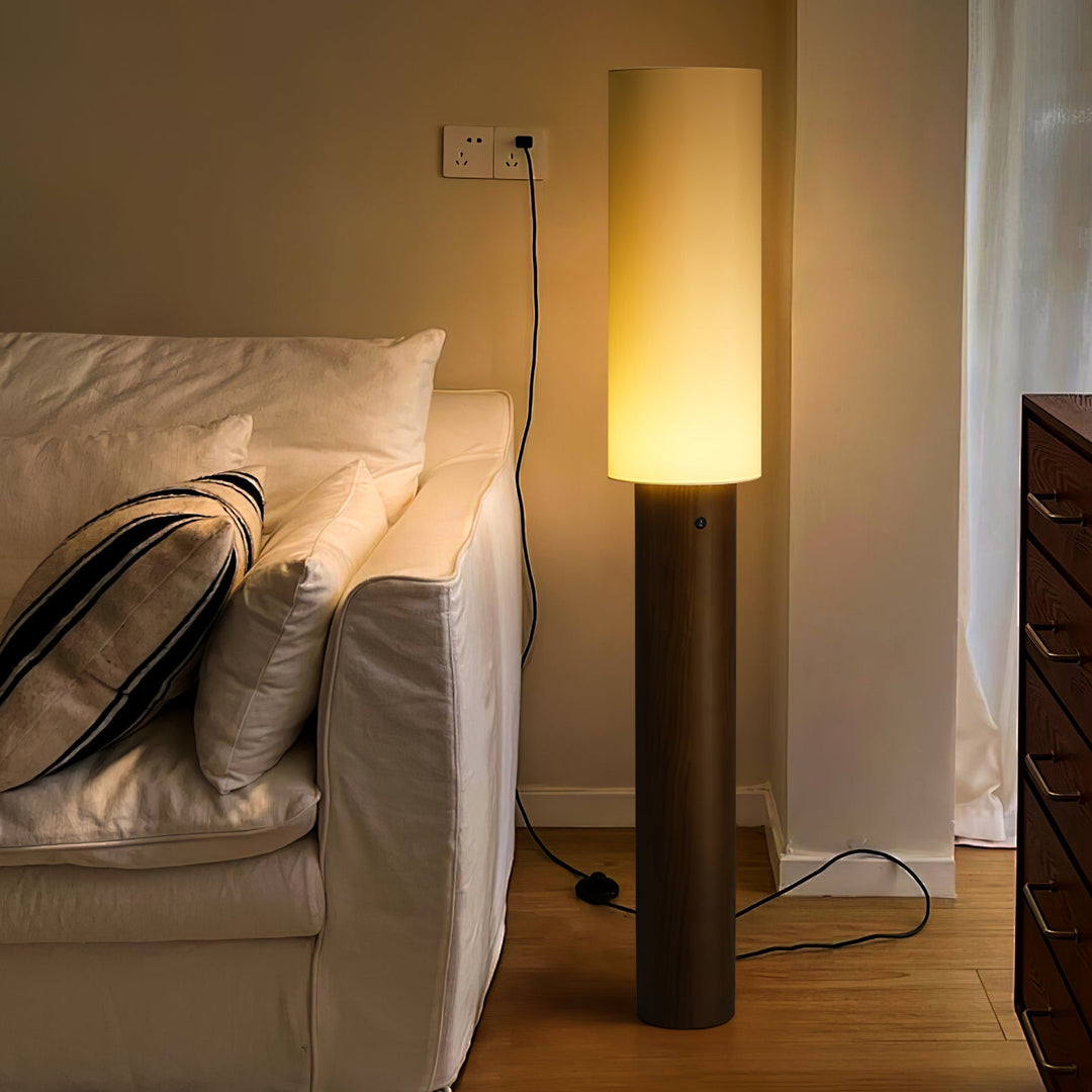Slim Wood Column Floor Lamp Cylinder Fabric Shade 55.1 in 2