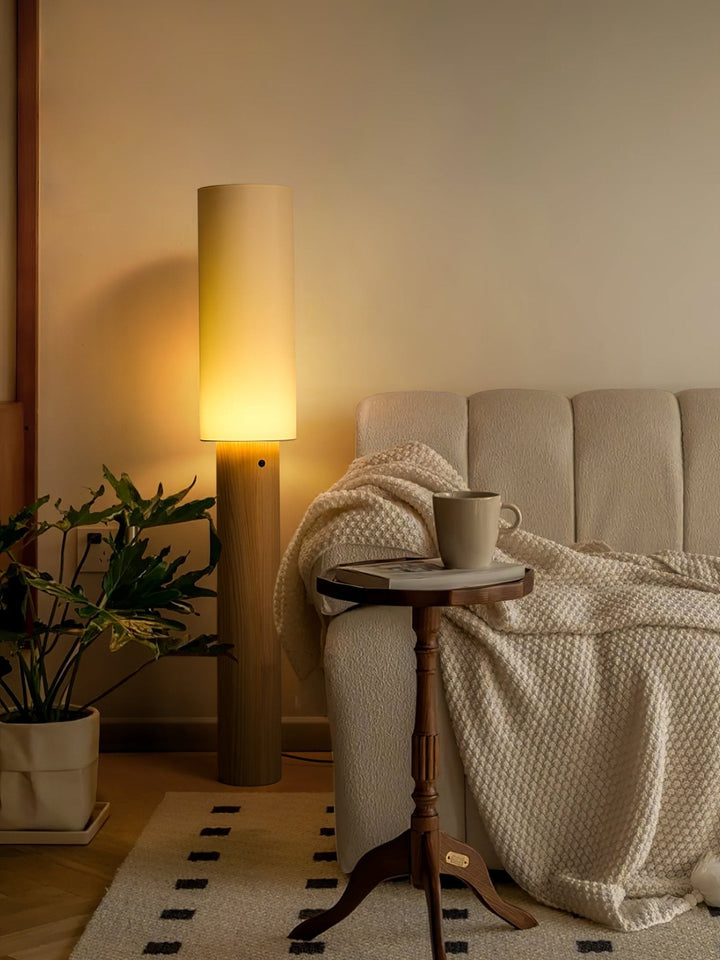 Slim Wood Column Floor Lamp Cylinder Fabric Shade 55.1 in 4