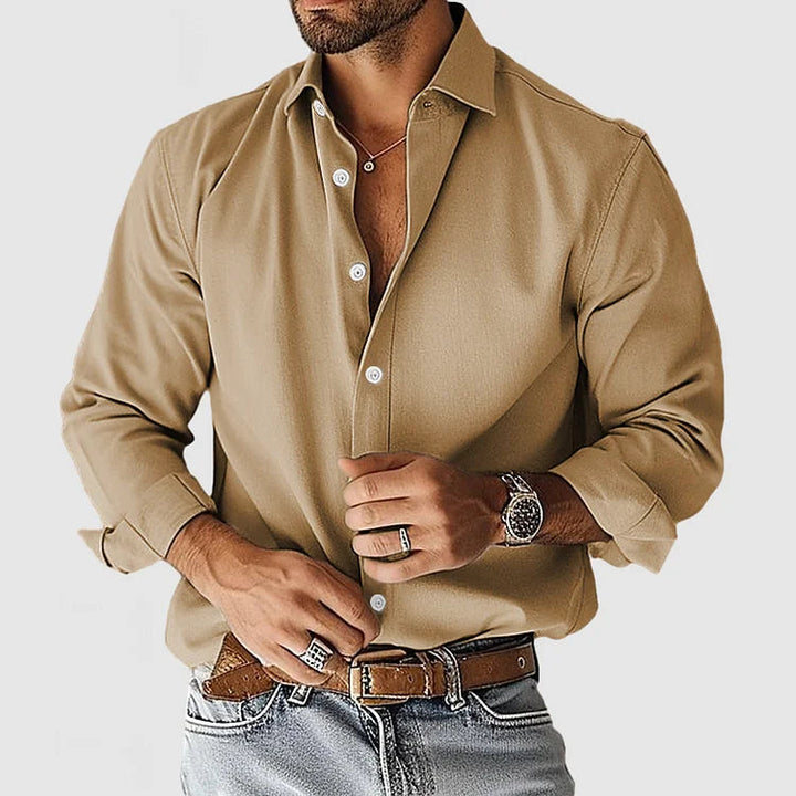 Smooth Stretch Long Sleeve Button Up Shirt Khaki 1