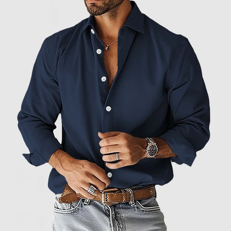 Smooth Stretch Long Sleeve Button Up Shirt Navy 1