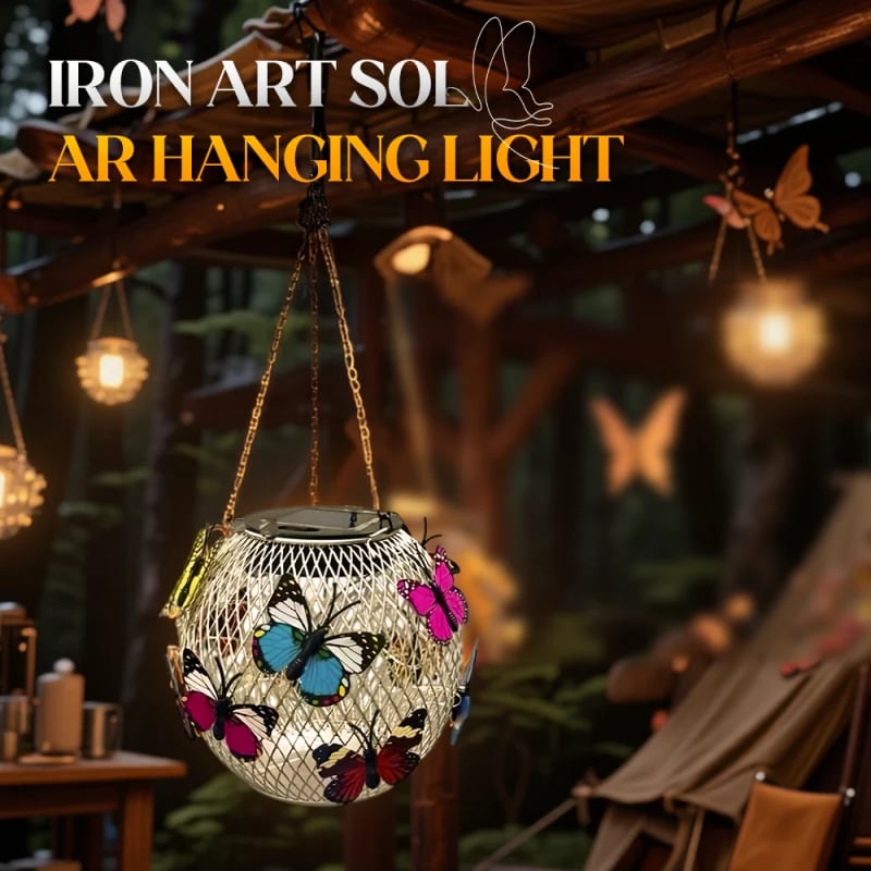Solar Hanging Lantern Iron Mesh with Butterflies Silver 1