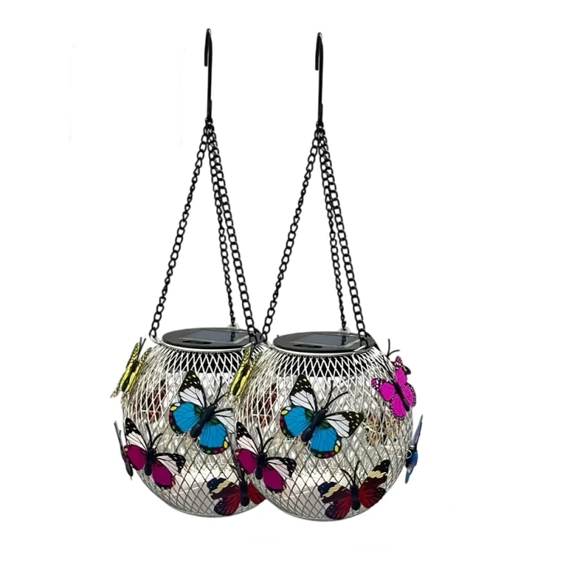 Solar Hanging Lantern Iron Mesh with Butterflies Silver 2 Lanterns 1
