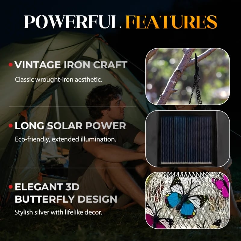 Solar Hanging Lantern Iron Mesh with Butterflies Silver 2