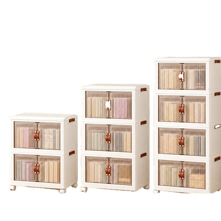 Stackable Storage Bins with Clear Doors and Wheels on white