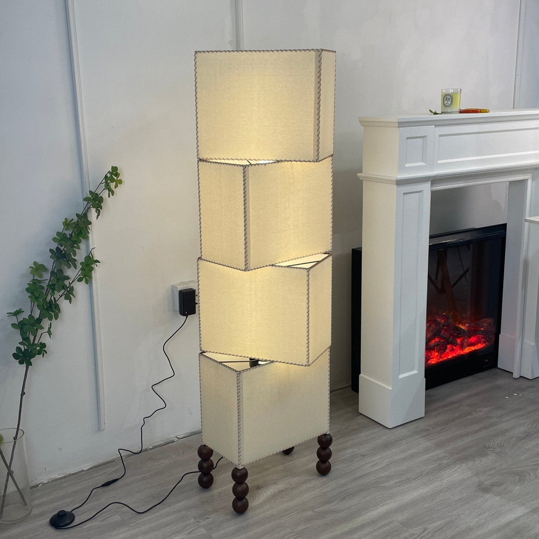 Stacked Cube Floor Lamp White Fabric and Walnut Wood 51.2 in Set of 3 2