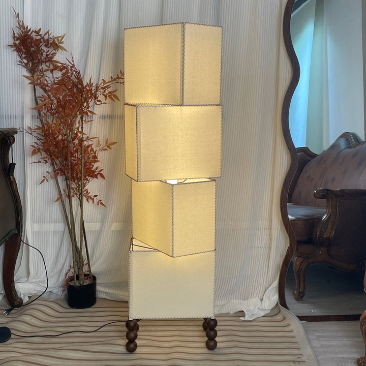 Stacked Cube Floor Lamp White Fabric and Walnut Wood 51.2 in Set of 3 4