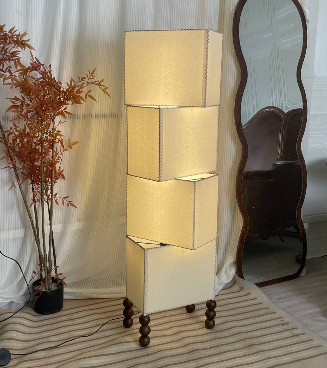 Stacked Cube Floor Lamp White Fabric and Walnut Wood 51.2 in Set of 3 5
