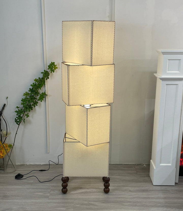 Stacked Cube Floor Lamp White Fabric and Walnut Wood 51.2 in Set of 3 6
