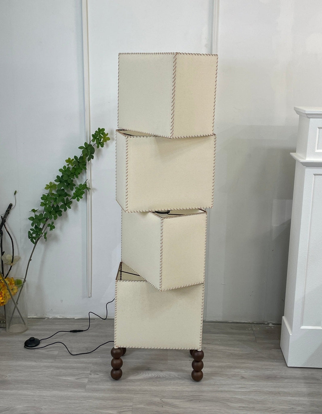 Stacked Cube Floor Lamp White Fabric and Walnut Wood 51.2 in Set of 3 7
