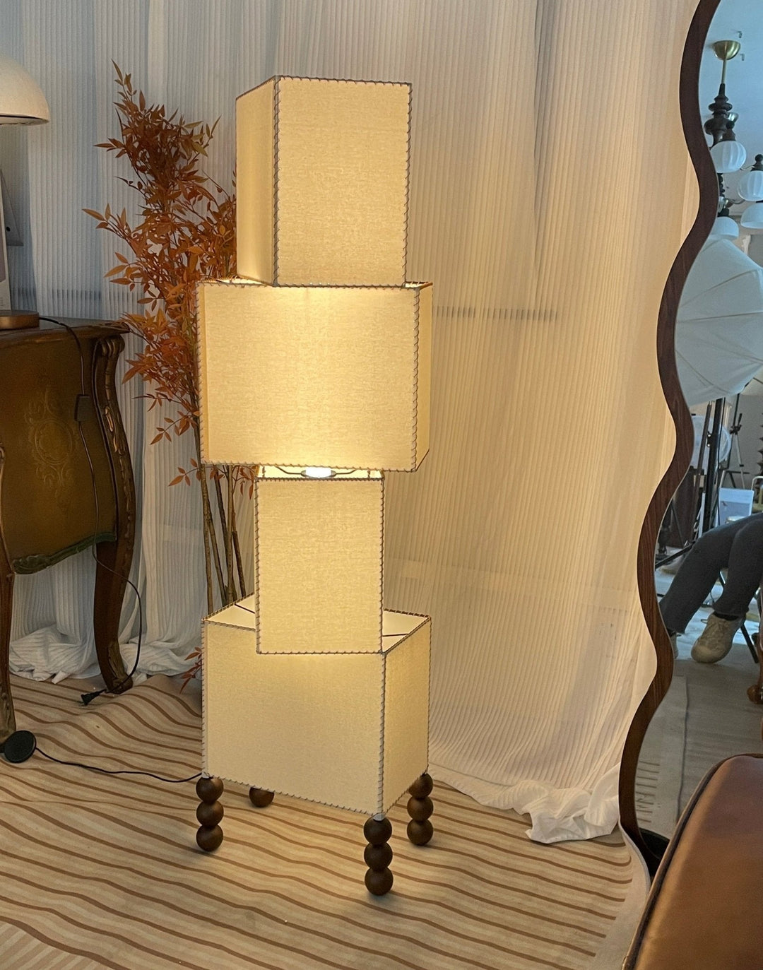 Stacked Cube Floor Lamp White Fabric and Walnut Wood 51.2 in Set of 3 8